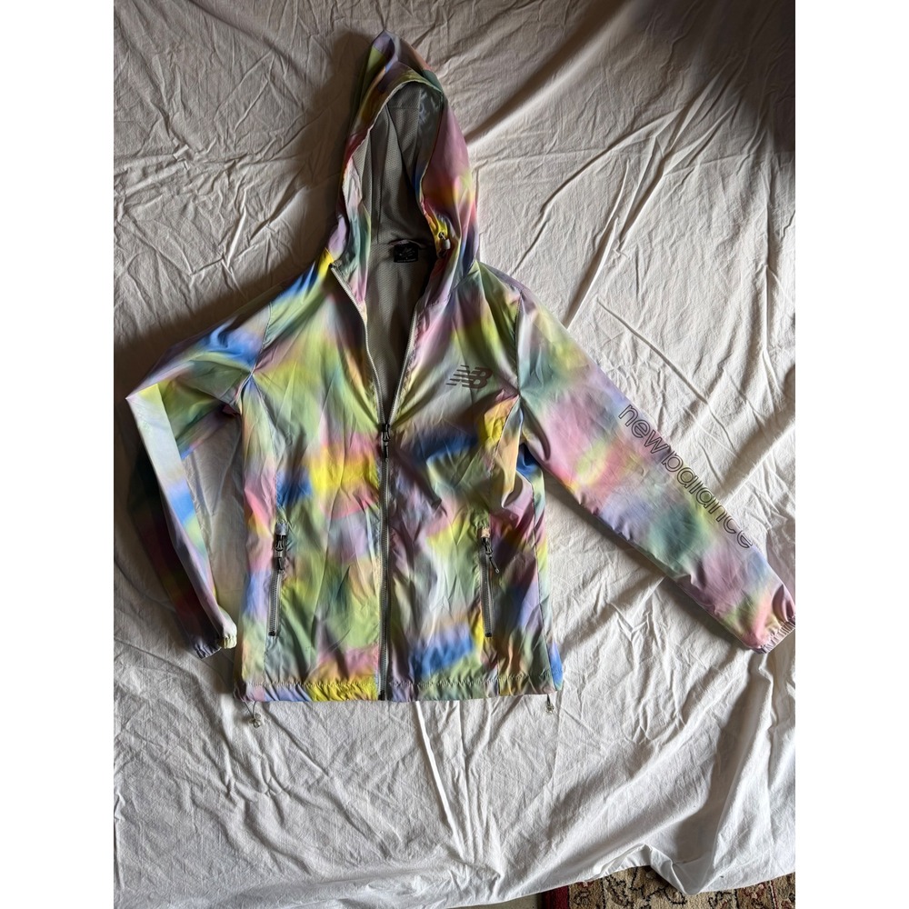 New Balance Womens Tie Dye Hooded Windbreaker Jacket Multi Color Pastel Small